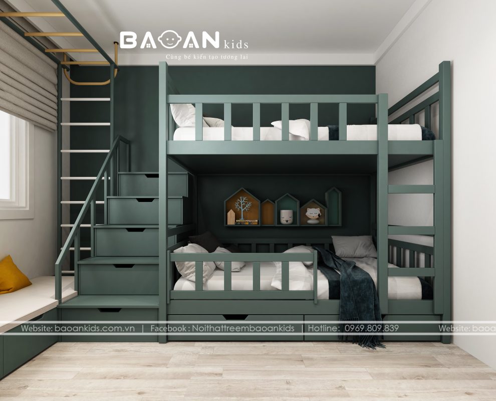 Giường tầng cho bé được thiết kế với những đường nét tương đối đơn giản kết hợp với màu sắc trầm ấm