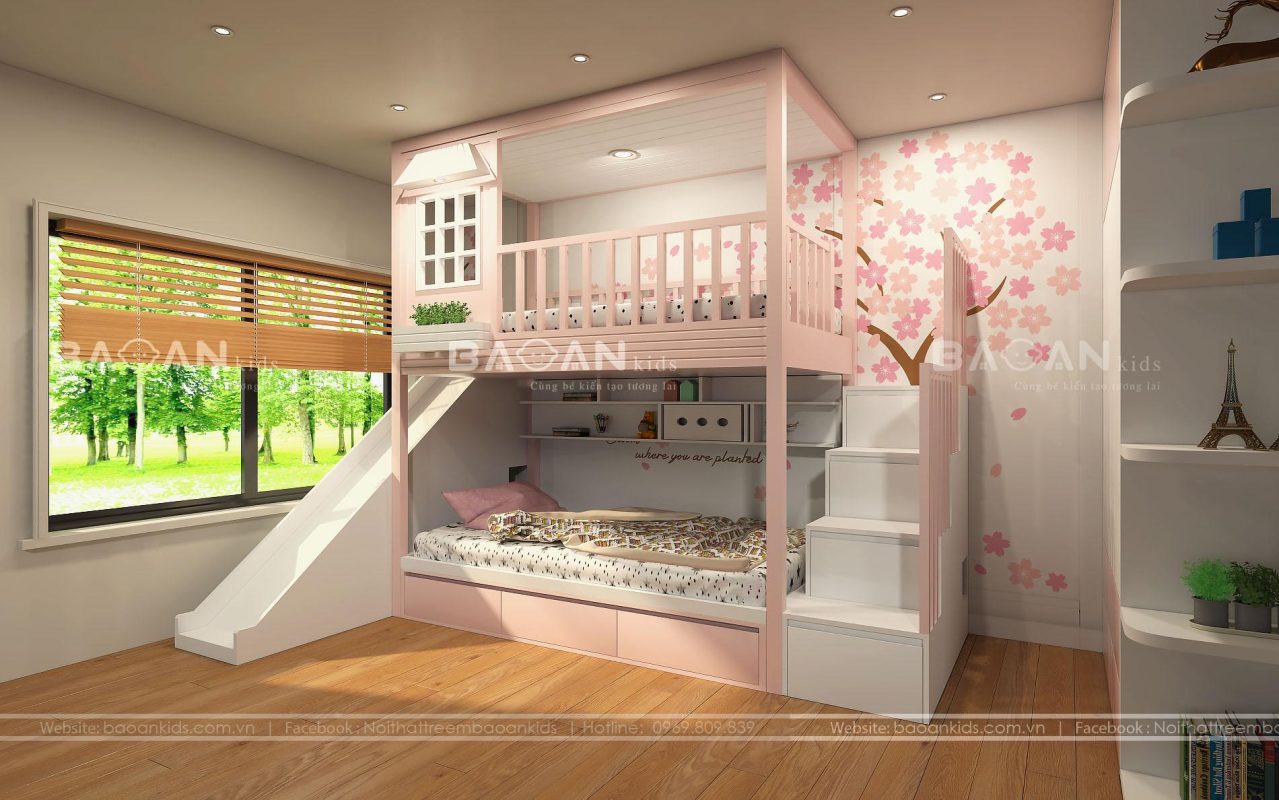 Mẫu giường hai tầng GT54 cho 2 con gái nhà mẹ Trang tại chung cư FLC - Cầu Giấy 