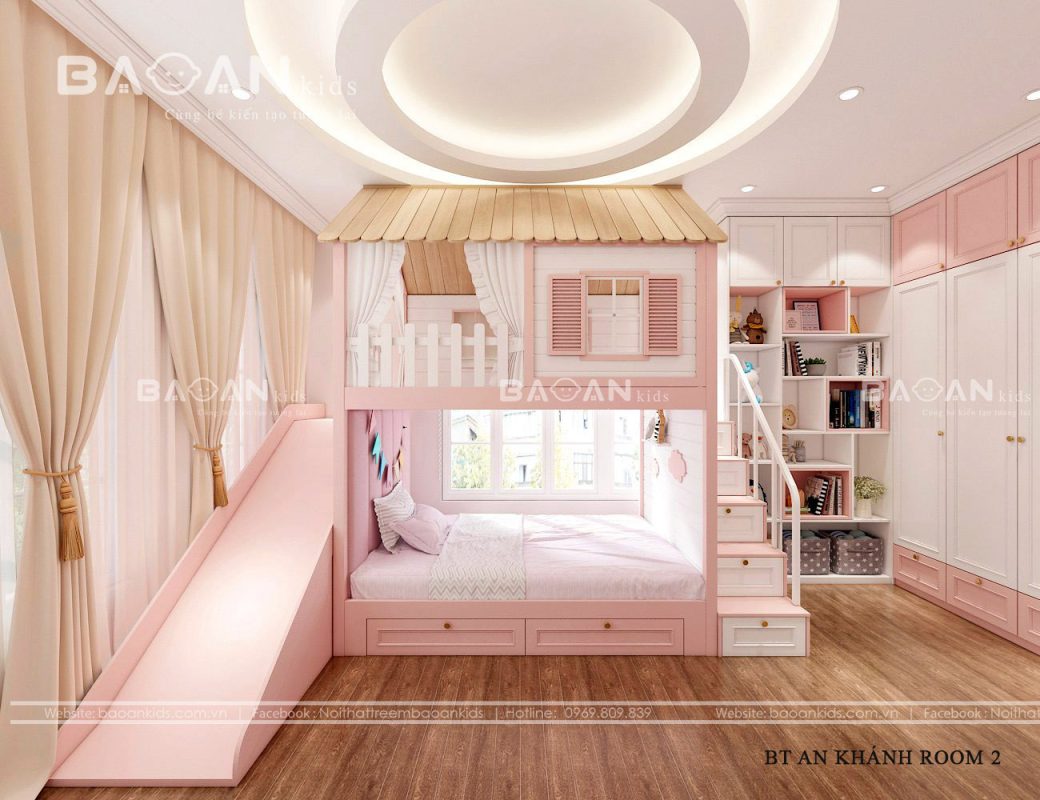 Hài hòa với bản thiết kế của biệt thự - mẫu phòng ngủ cho công chúa của mẹ Thu Trang - BT An Vượng - An Khánh sử dụng phong cách thiết kế tân cổ điển, tinh tế đến từng chi tiết.