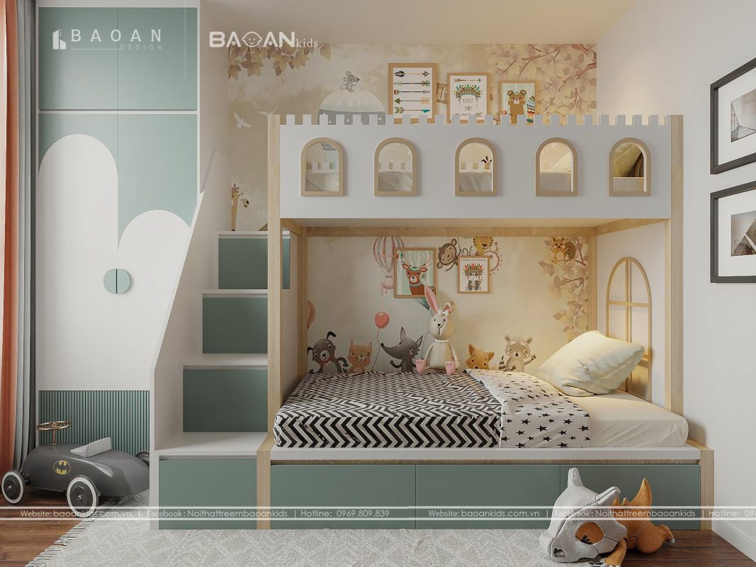 Mẫu thiết kế giường tầng chung cho 2 bé gọn gàng phù hợp cho các phòng trẻ em diện tích nhỏ hẹp