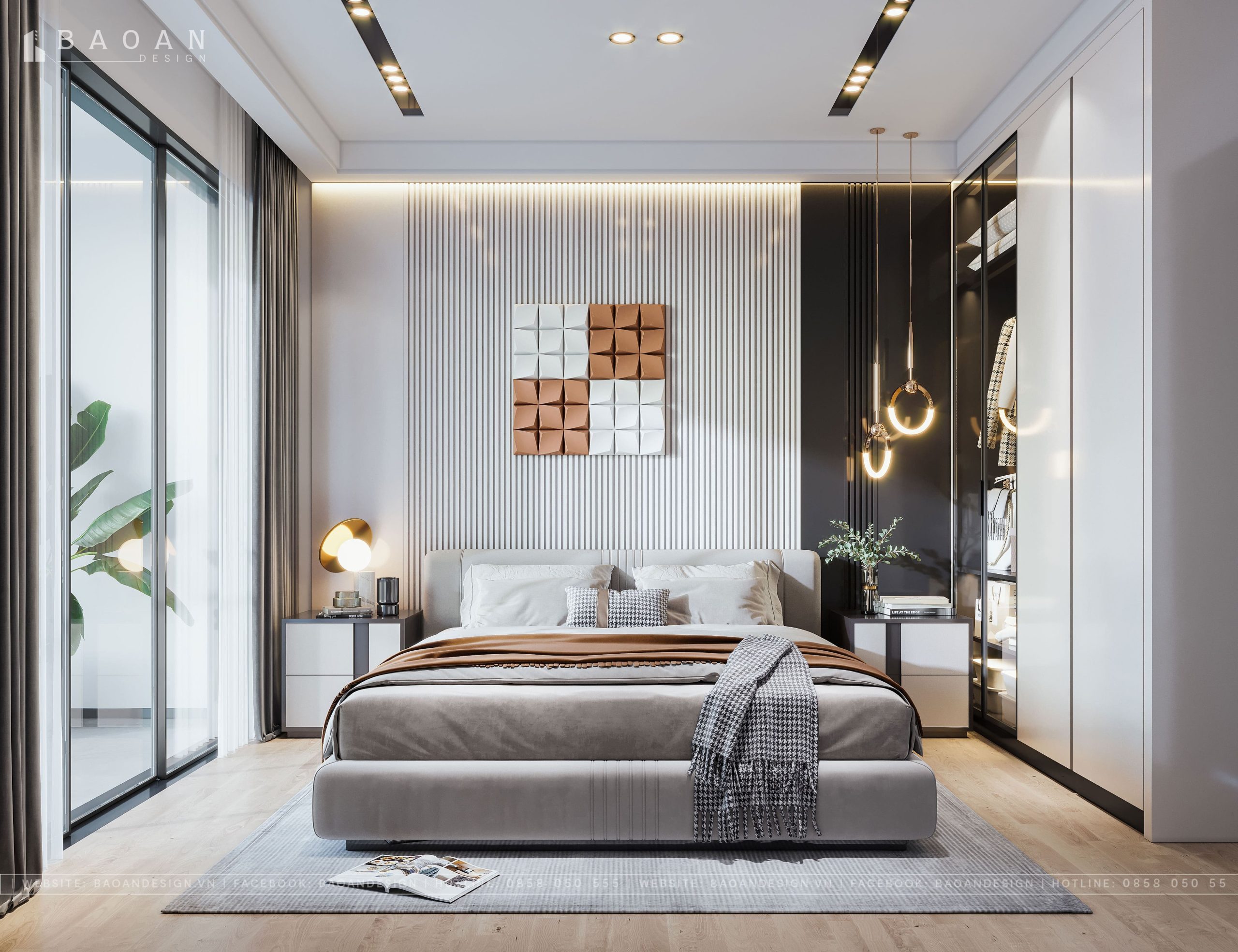 Phòng ngủ sử dụng ánh sáng hắt LED tạo chiều sâu sang trọng.