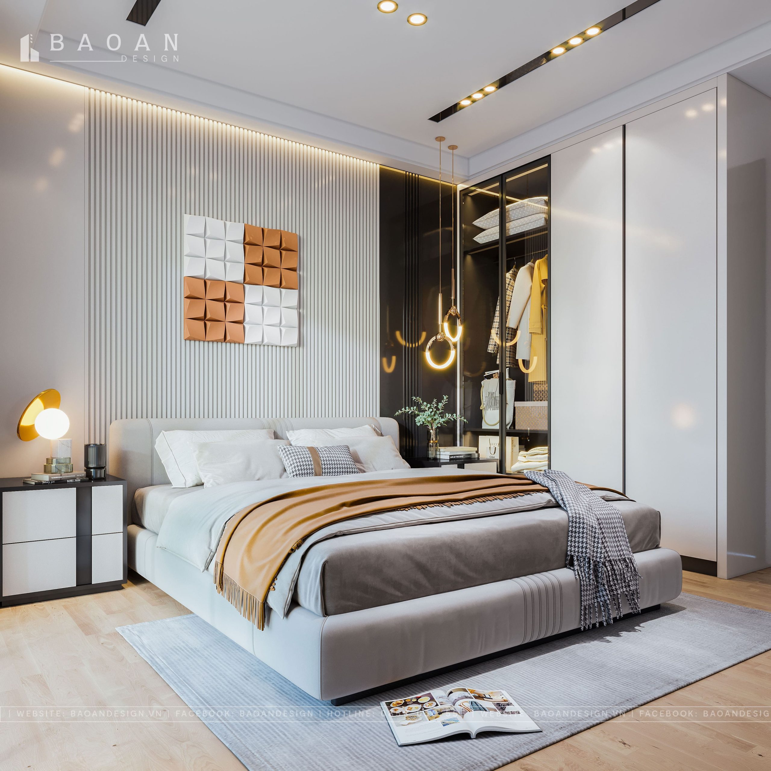 Phòng ngủ sử dụng ánh sáng hắt LED tạo chiều sâu sang trọng.